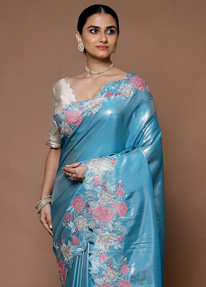 Blue Tissue Silk Saree With Blouse Piece