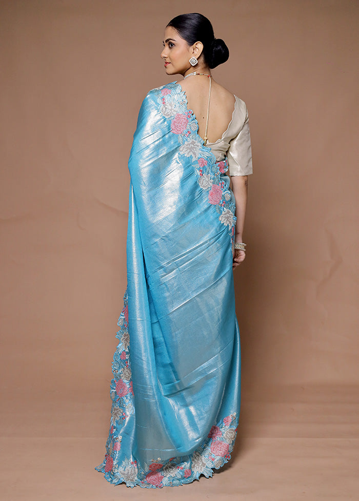 Blue Tissue Silk Saree With Blouse Piece