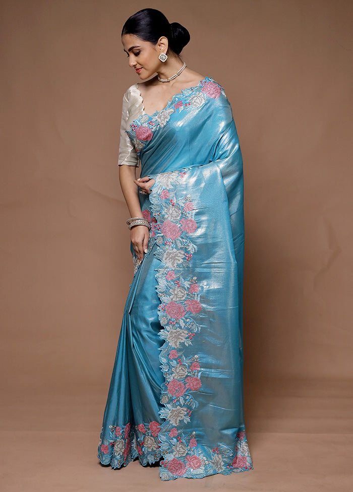 Blue Tissue Silk Saree With Blouse Piece