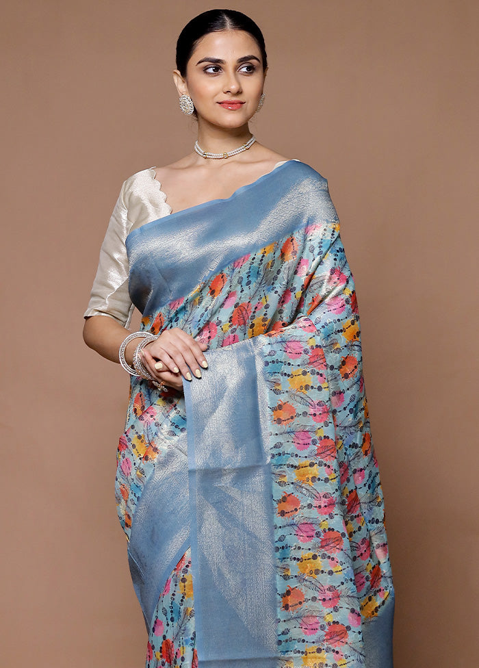 Blue Dupion Silk Saree With Blouse Piece