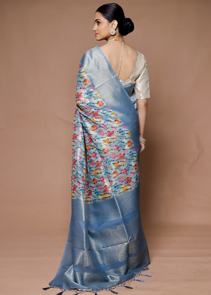 Blue Dupion Silk Saree With Blouse Piece