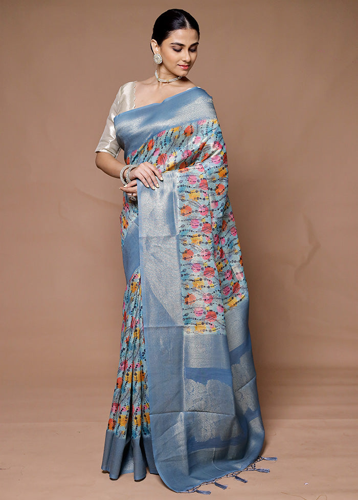 Blue Dupion Silk Saree With Blouse Piece