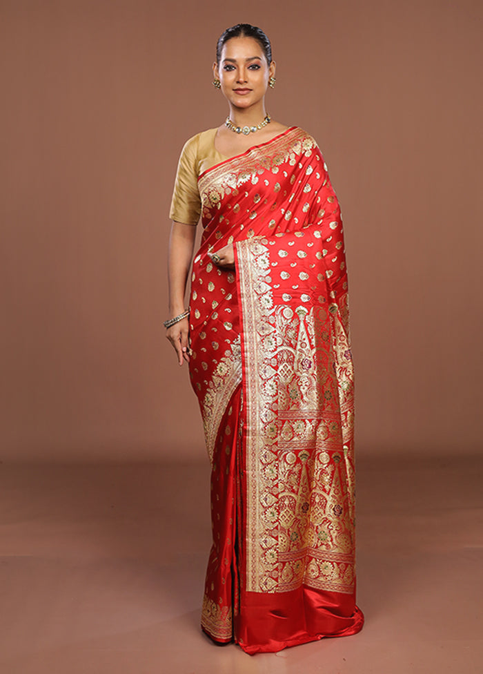 Red Handloom Banarasi Pure Silk Saree With Blouse Piece