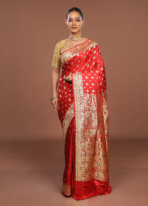 Red Handloom Banarasi Pure Silk Saree With Blouse Piece
