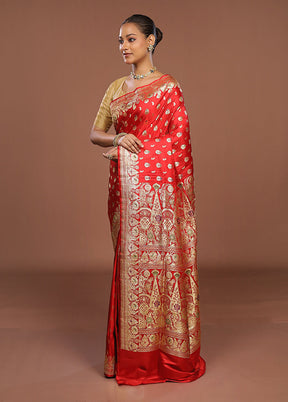 Red Handloom Banarasi Pure Silk Saree With Blouse Piece