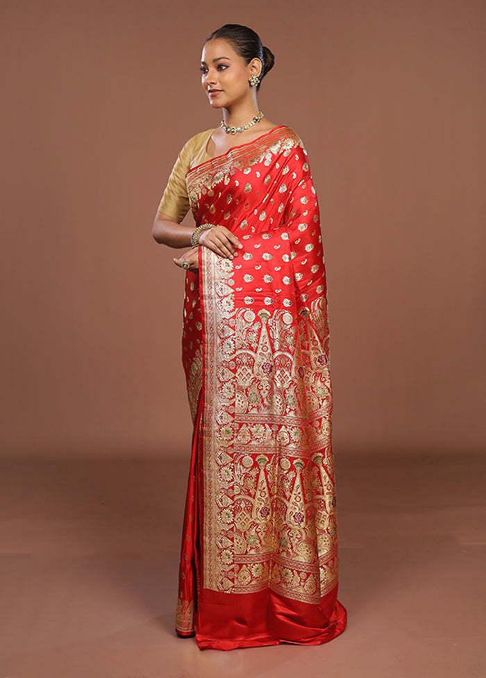 Red Handloom Banarasi Pure Silk Saree With Blouse Piece