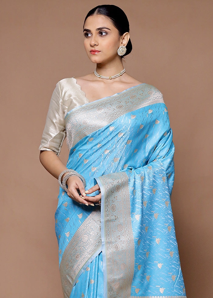 Blue Katan Silk Saree With Blouse Piece