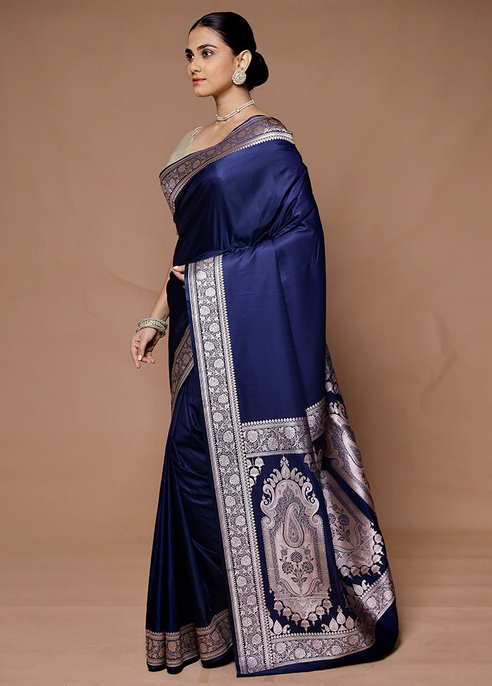 Blue Katan Silk Saree With Blouse Piece