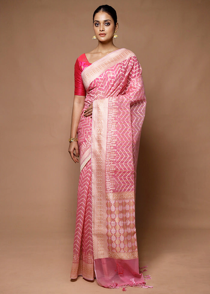 Pink Kora Silk Saree With Blouse Piece