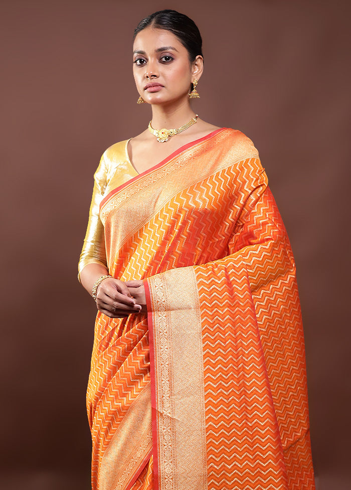 Orange Kora Silk Saree With Blouse Piece