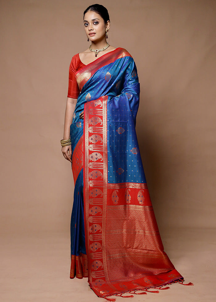 Blue Dupion Silk Saree With Blouse Piece