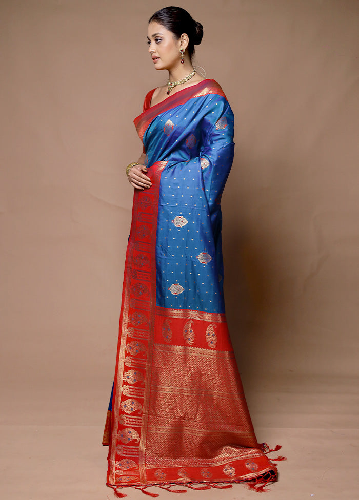 Blue Dupion Silk Saree With Blouse Piece