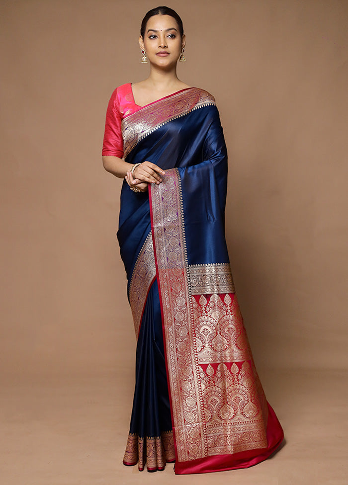 Blue Banarasi Silk Saree With Blouse Piece