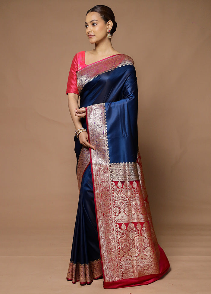 Blue Banarasi Silk Saree With Blouse Piece