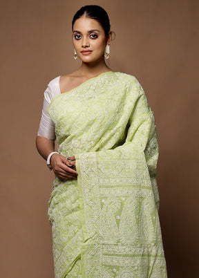 Green Handloom Pure Cotton Saree With Blouse Piece