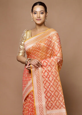 Orange Kora Silk Saree With Blouse Piece