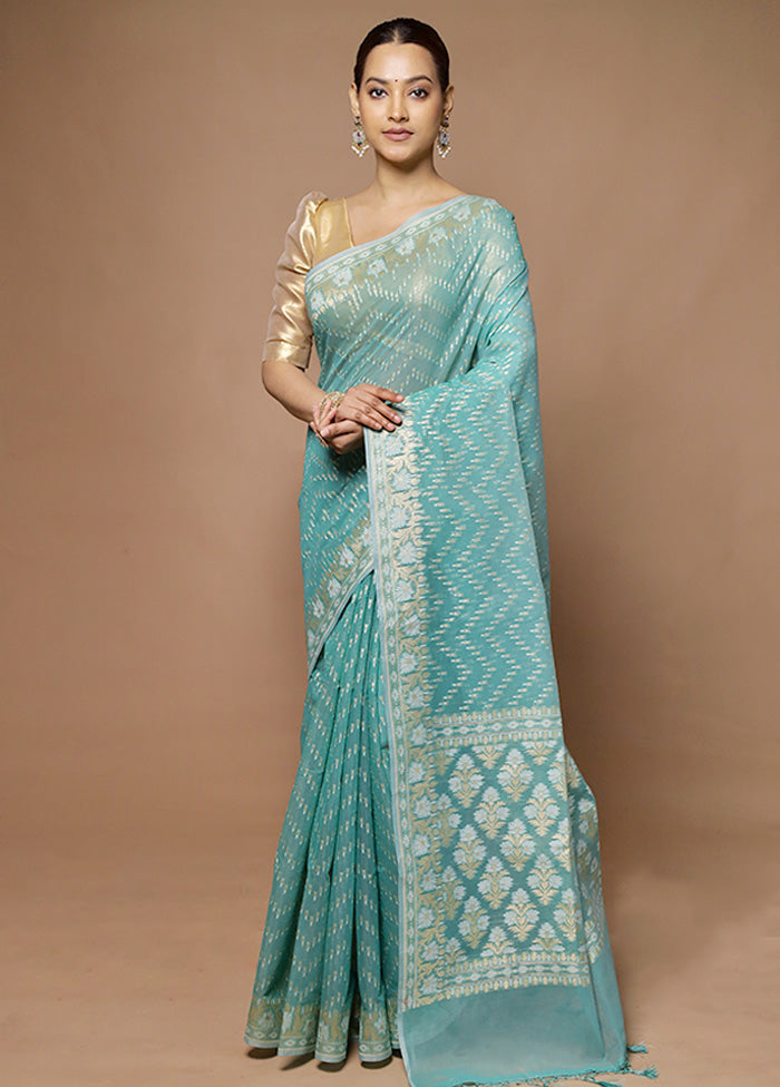 Blue Kora Silk Saree With Blouse Piece