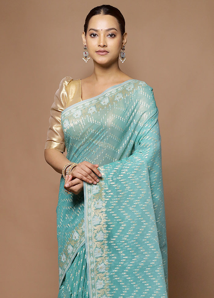 Blue Kora Silk Saree With Blouse Piece