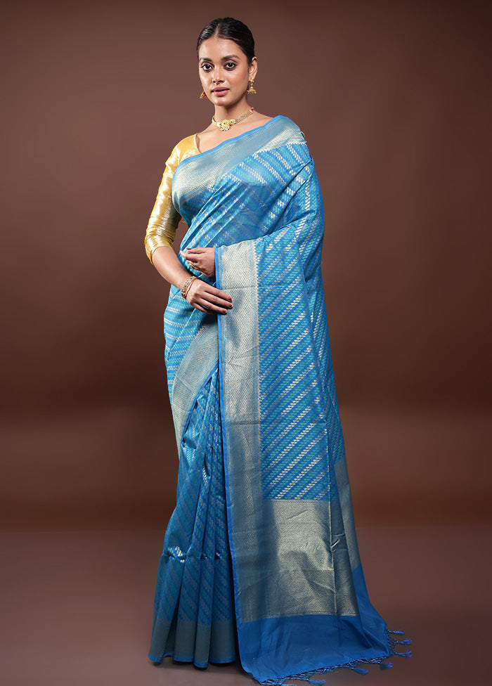 Blue Kora Silk Saree With Blouse Piece