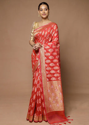 Pink Kora Silk Saree With Blouse Piece