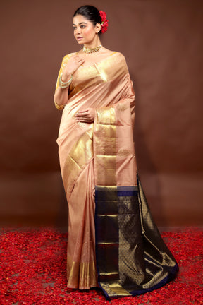 Cream Handloom Kanchipuram Pure Silk Saree With Blouse Piece