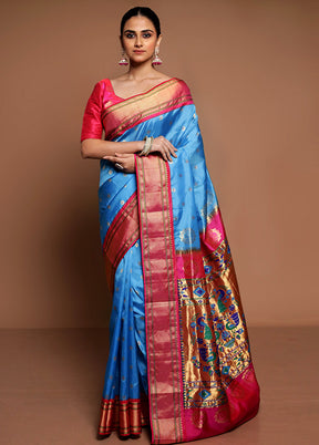 Blue Handloom Kanchipuram Pure Silk Saree With Blouse Piece