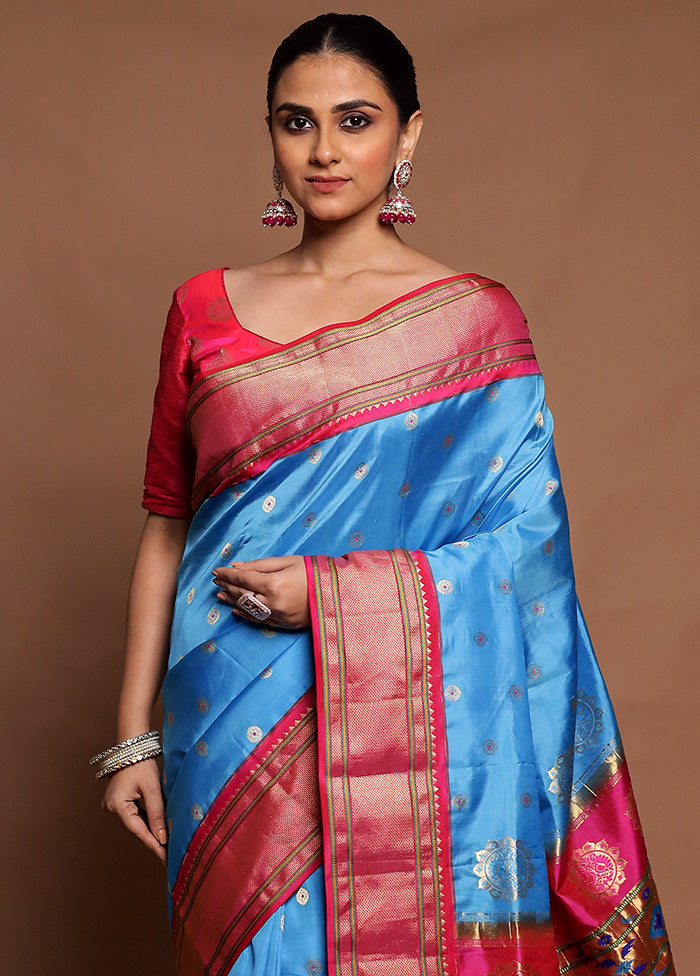 Blue Handloom Kanchipuram Pure Silk Saree With Blouse Piece