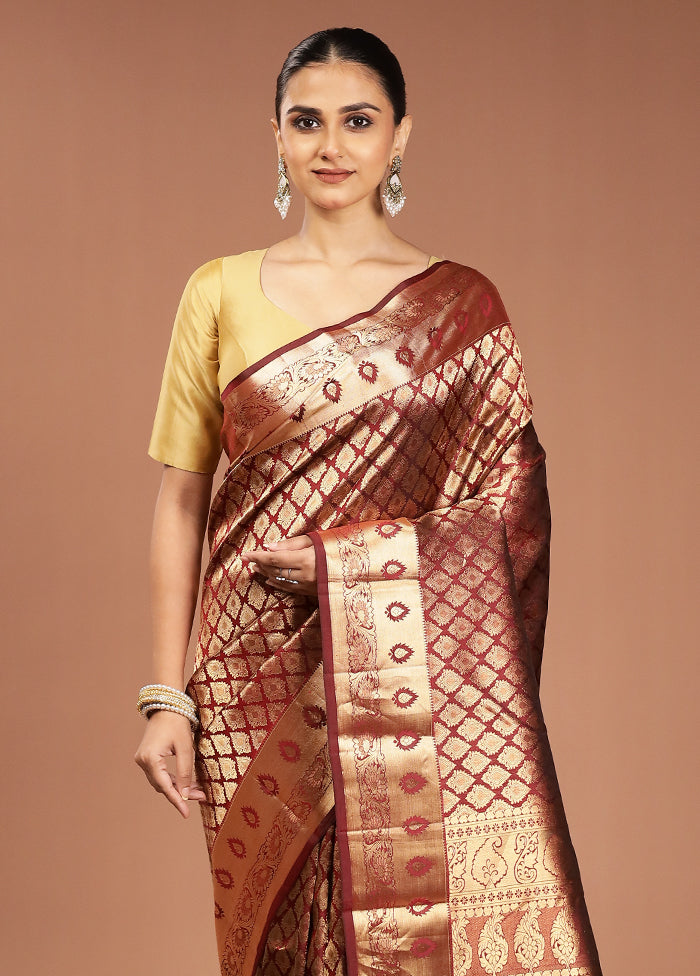 Maroon Handloom Kanjivaram Pure Silk Saree With Blouse Piece