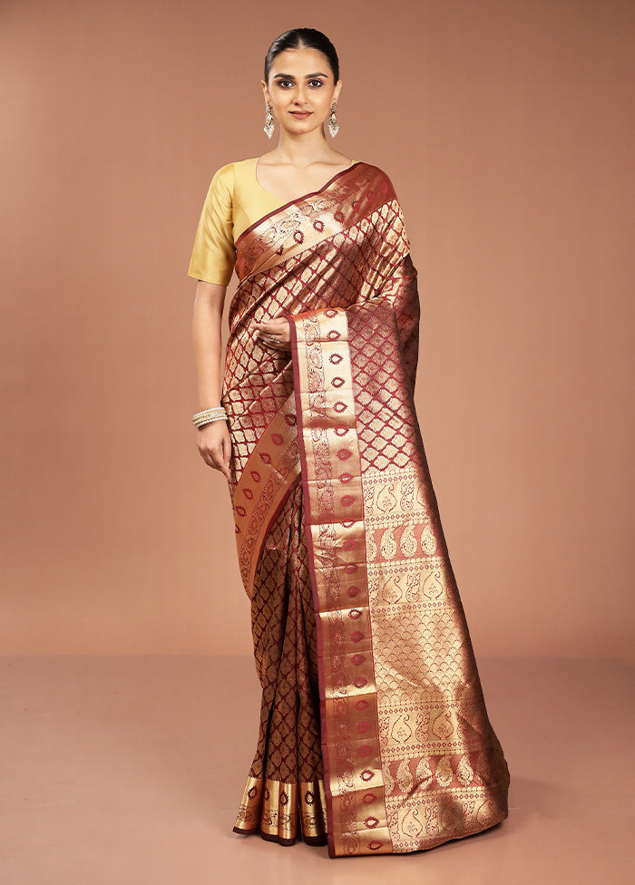 Maroon Handloom Kanjivaram Pure Silk Saree With Blouse Piece