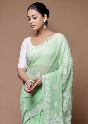 green Pure Cotton Saree With Blouse Piece