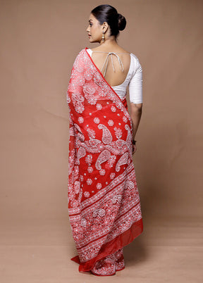 Red Handloom Pure Cotton Saree With Blouse Piece