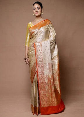 Cream Banarasi Silk Saree With Blouse Piece