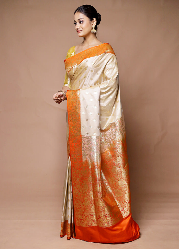 Cream Banarasi Silk Saree With Blouse Piece