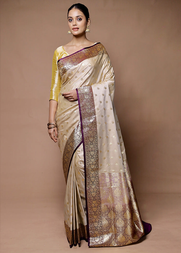 Cream Banarasi Silk Saree With Blouse Piece