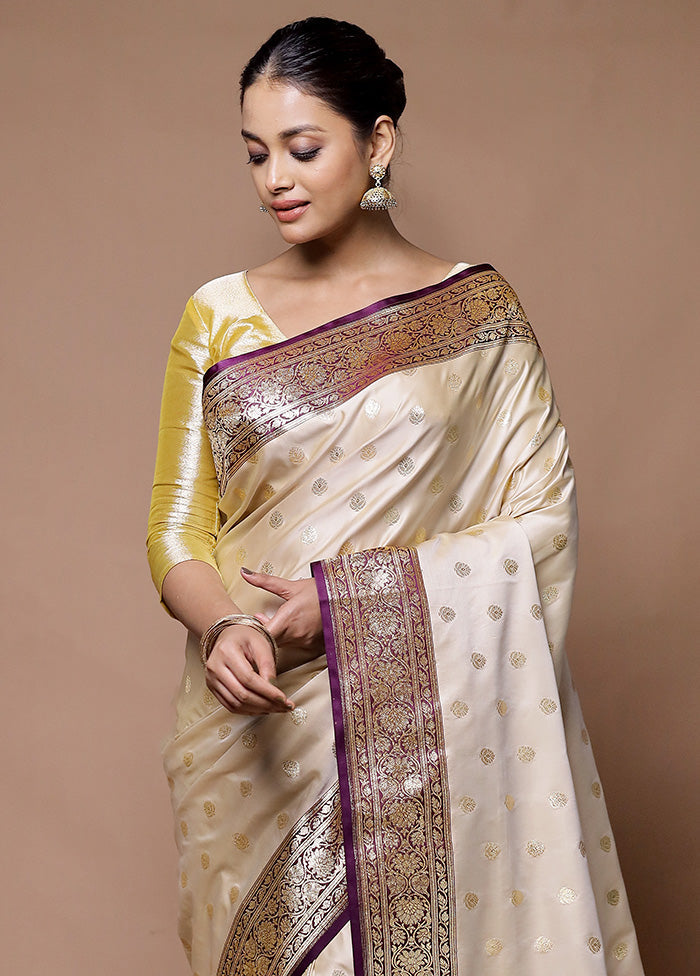 Cream Banarasi Silk Saree With Blouse Piece