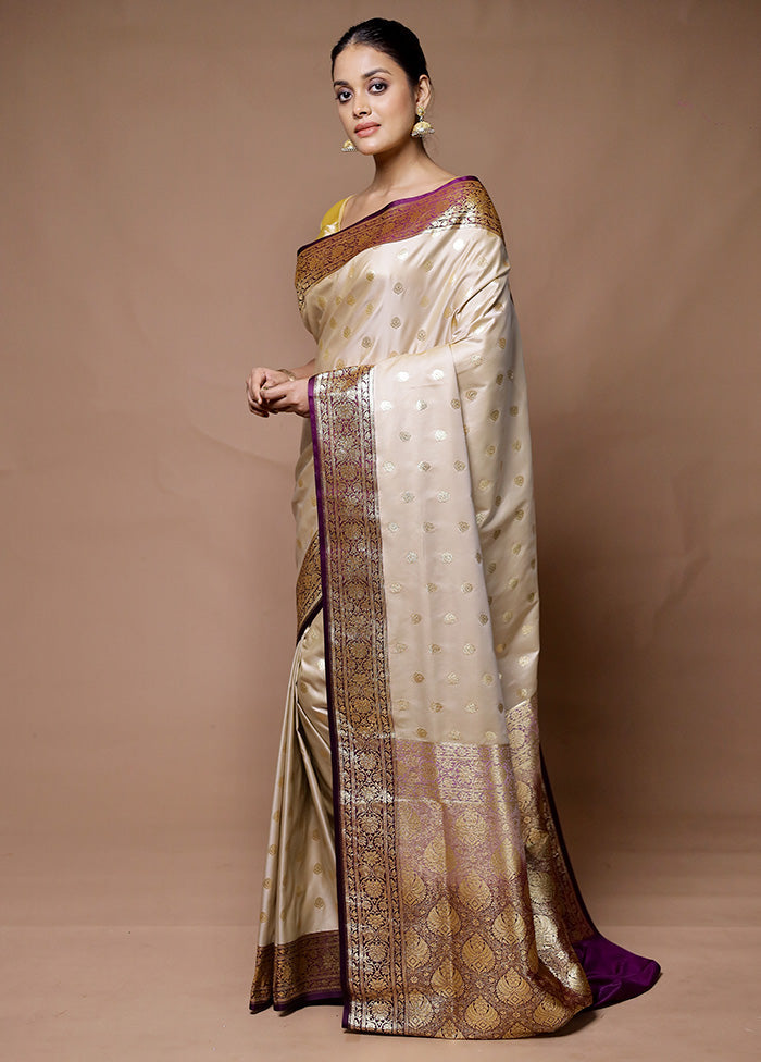 Cream Banarasi Silk Saree With Blouse Piece