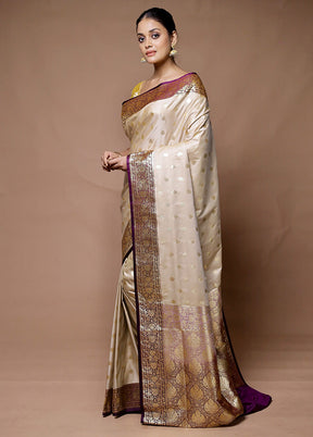 Cream Banarasi Silk Saree With Blouse Piece