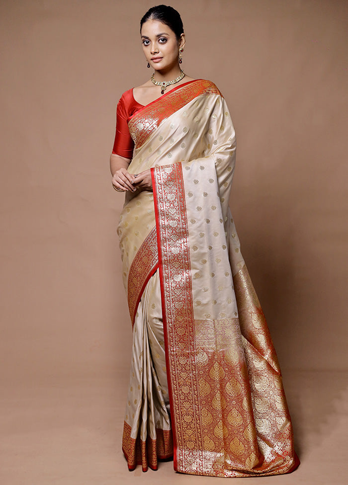 Cream Banarasi Silk Saree With Blouse Piece