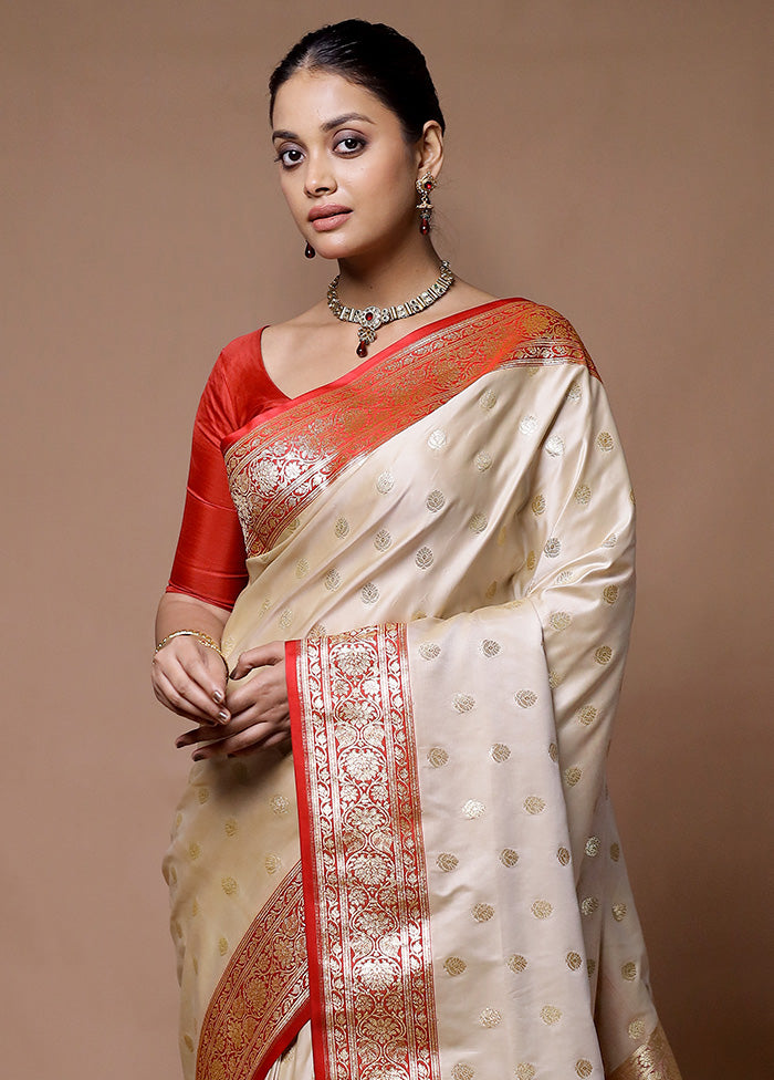 Cream Banarasi Silk Saree With Blouse Piece