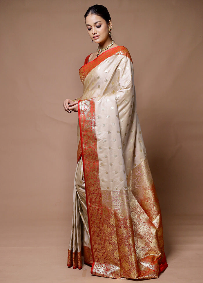 Cream Banarasi Silk Saree With Blouse Piece