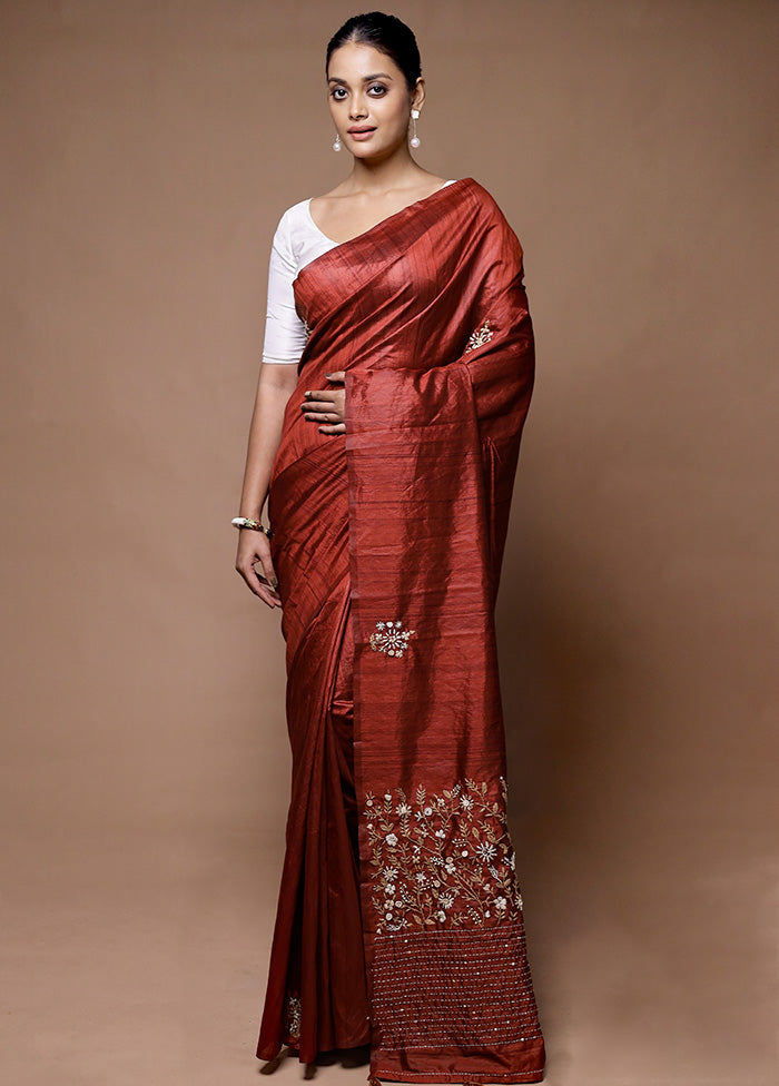 Rust Tussar Silk Saree With Blouse Piece