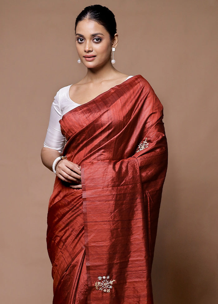 Rust Tussar Silk Saree With Blouse Piece