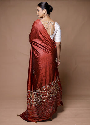 Rust Tussar Silk Saree With Blouse Piece