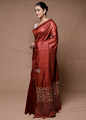 Rust Tussar Silk Saree With Blouse Piece