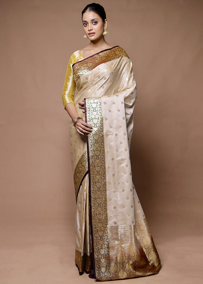 Cream Banarasi Silk Saree With Blouse Piece