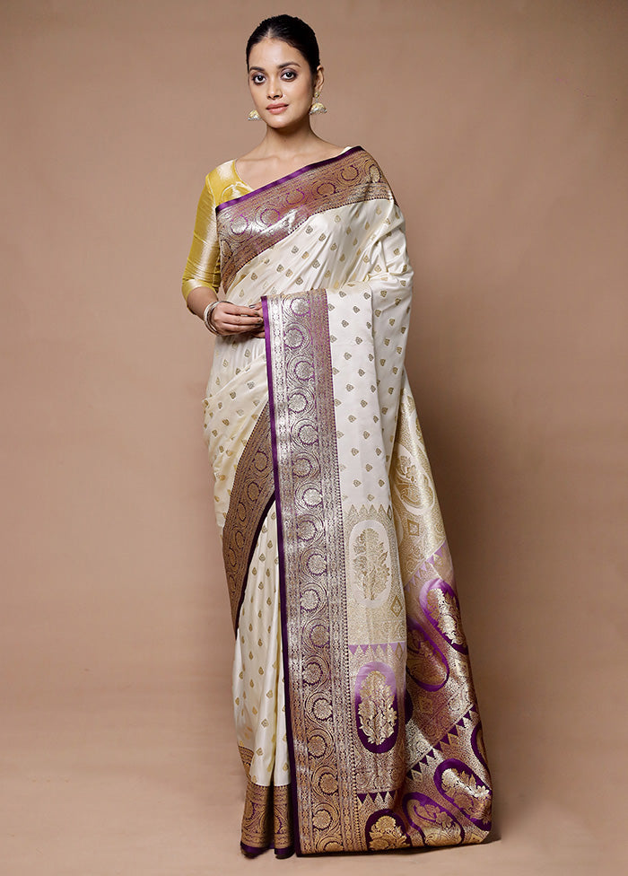 Cream Banarasi Silk Saree With Blouse Piece