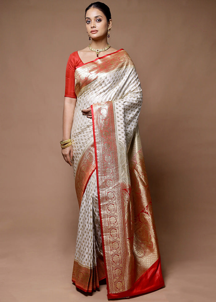 Cream Banarasi Silk Saree With Blouse Piece