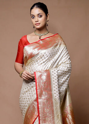 White Banarasi Silk Saree With Blouse Piece