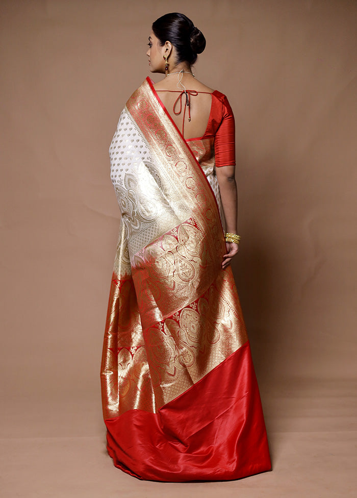 White Banarasi Silk Saree With Blouse Piece