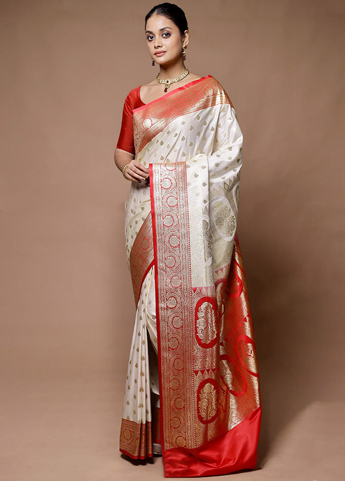 Cream Banarasi Silk Saree With Blouse Piece